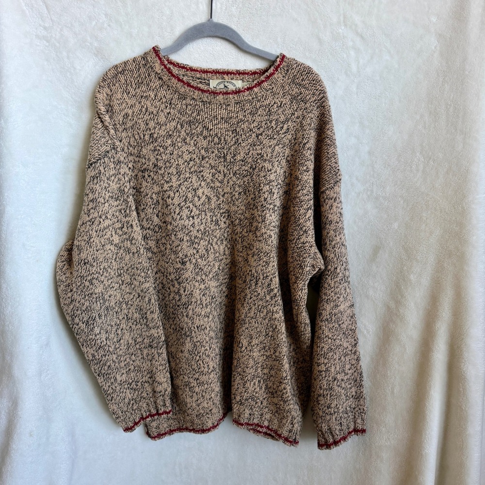 Eddie Bauer Legends Mens Tan Marled Wool Crewneck Sweater Burgundy Trim Small